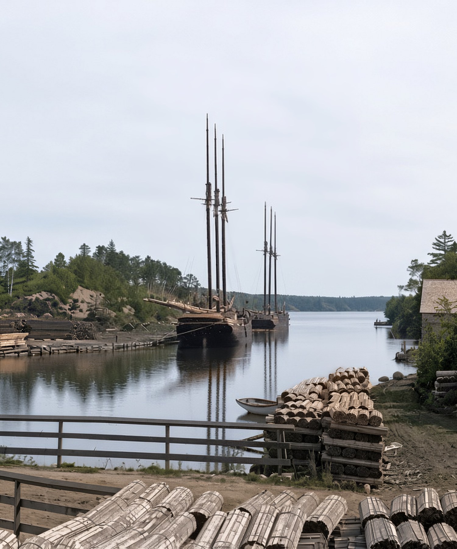 Chandler River in colour, a restored modern rendering of the 1912 photograph: tall-masted schooners moored on the river, stacked timber on the bank and dark evergreens on the right.
